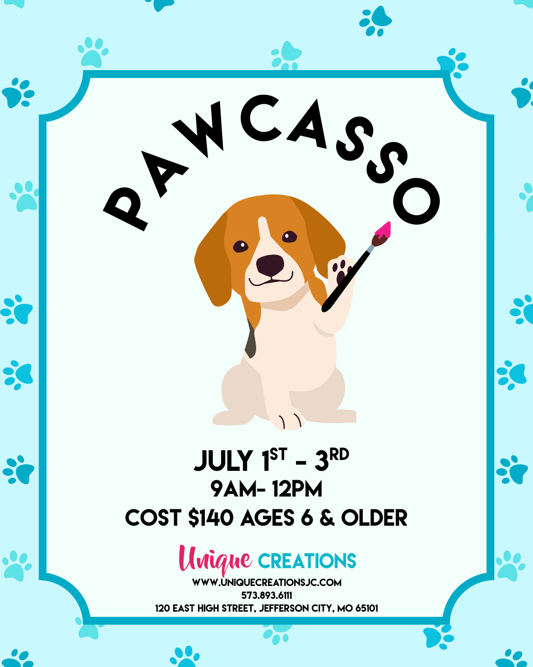 PAWCASSO SUMMER CAMP JULY 1st-3rd @ 9:00am-12:00pm ages 6 and older