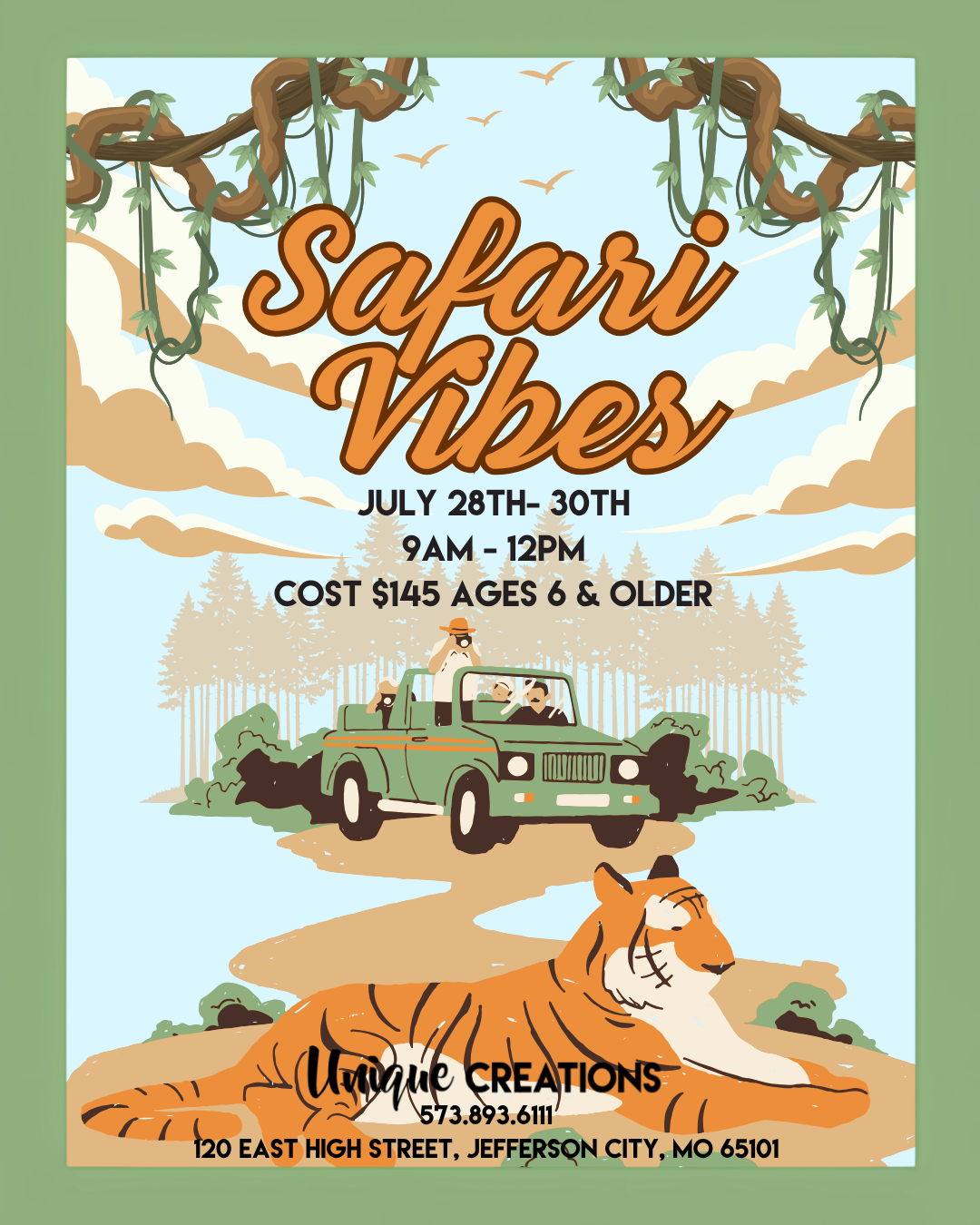 SAFARI VIBES CAMP JULY 28th-30th @ 9:00am-12:00pm ages 6 and older