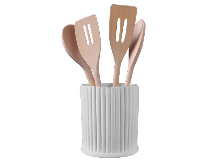 STONEWARE RIBBED UTENSIL CROCK