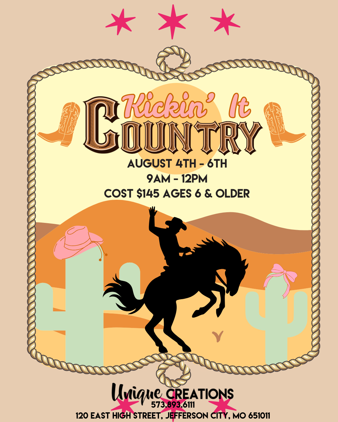 KICKIN' IT COUNTRY CAMP  AUGUST 4th-6th @ 9:00am-12:00pm ages 6 and older