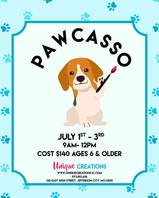 PAWCASSO SUMMER CAMP  JULY 1st-3rd @ 9:00am-12:00pm ages 6 and older